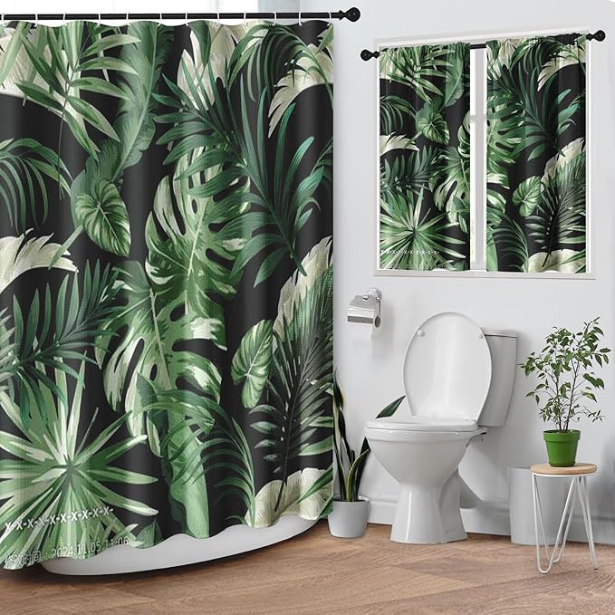 Culudea Green Tropical Plant Jungle Leaf Waffle Textured Cloth Shower Curtain Set, Palm Tree Leaves Black Bathroom Window Waterproof Shower Curtains for Bathroom Decor