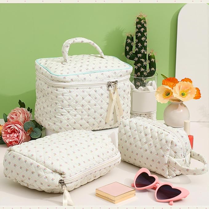 Paterr Makeup Bag Set 3 Pcs Large Quilted Cotton Make up Bags for Women Cosmetic Travel Toiletry Organizer Pouch Cute Aesthetic Storage Purse(White,Little Flower)
