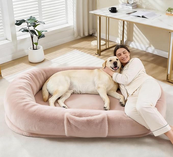 Festisoul Large Plush Dog Bed with Raised Headrest, Orthopedic Pet Bed for Dogs & Cats, Washable Fleece Pet Bed for Large Breeds, Milk Ka (19x14x9 Inches)
