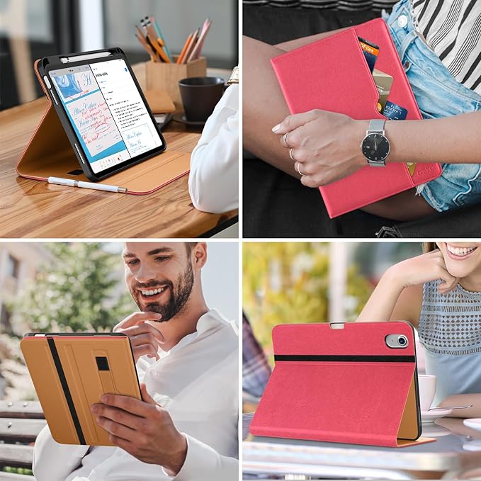 DTTO for iPad (A16) 11th Generation Case 11 Inch 2025, iPad 10th Generation Case 10.9 Inch 2022, Premium Leather Business Folio Stand Cover with Pencil Holder - Auto Wake/Sleep, Watermelon red