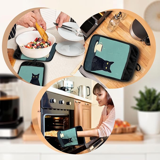 Turquoise Coffee Black Cat Pot Holders with Pockets, Cat Kitchen Decor, Vintage Quirky Black Kitten Oven Pot Holders Heat Resistant Oven Mitts Hot Pads for Kitchen Baking Cooking