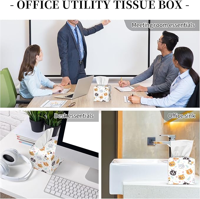 Tissue Box Cover Square, Cute Cats Face with Hearts Leather Tissue Box Holder Decorative Organizer for Bathroom, Home Office Car Decor