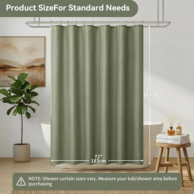 Lameirose Shower Curtain and Liner Set, 3 in 1 Waffle Shower Curtain Set with 12 Double Sided Shower Curtain Hooks, Fabric Shower Curtains for Bathroom, Green, 72 x 72