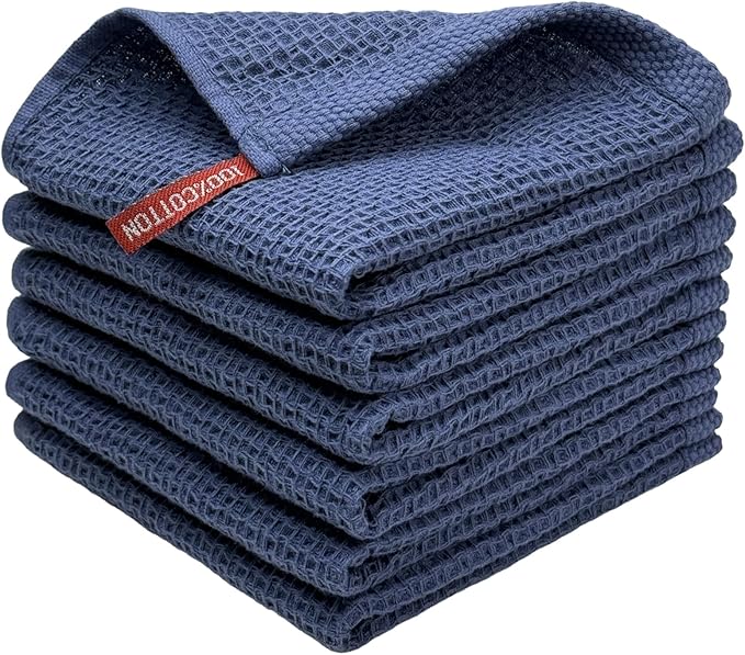 FreeNook 100% Cotton Waffle Weave Kitchen Towels, 6 Pack Dish Cloths for Washing Dishes, Ultra Soft Absorbent Dish Towels, Quick Drying Kitchen Rags, 12x12 Inches, Dark Blue