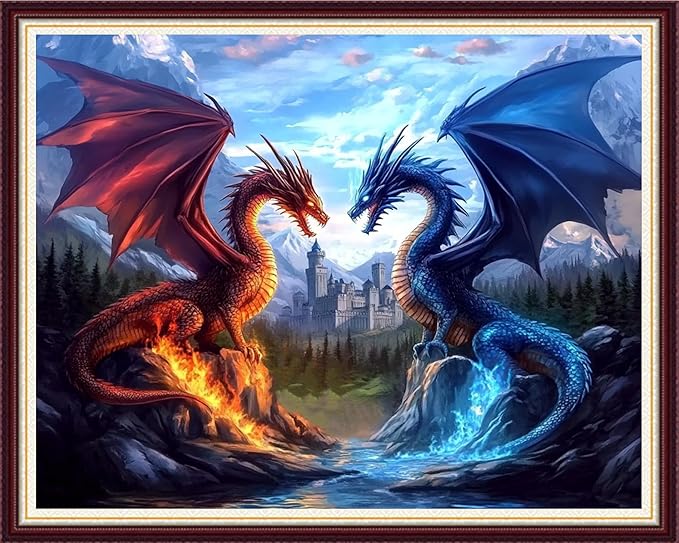 Foxnyart Stamped Cross Stitch Kits Full Range of Embroidery Needlework Starter Kits for Beginners Adults 11CT Embroidery Patterns Art Crafts DIY Needlepoint Kit-Water Fire Dragon Castle 16x20 inchs