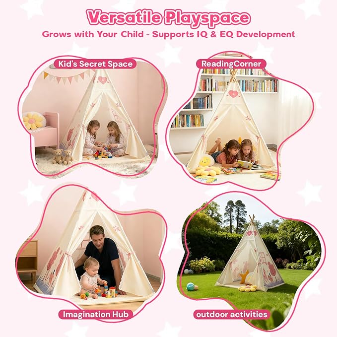 Duwenem Teepee Tent for Kids, Play Tent with Padded Mat & Star Lights, Indoor Play Tent for Girls & Boys, Pink Unicorn