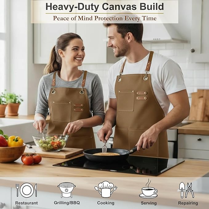Canvas Work Apron for Men Women with 3 Pockets Heavy Duty Crossback Kitchen Chef Aprons for Cooking Grilling Barista