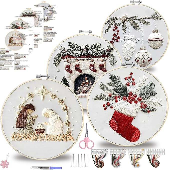 QBQBQ 4 Sets Embroidery Kits for Adults Beginners, Cross Stitch Kits with Videos, Patterns, Needles, Threads, Bamboo Hoop & Supplies, Includes Winter Designs, Home Decor Wall Art (Christmas Kits B)