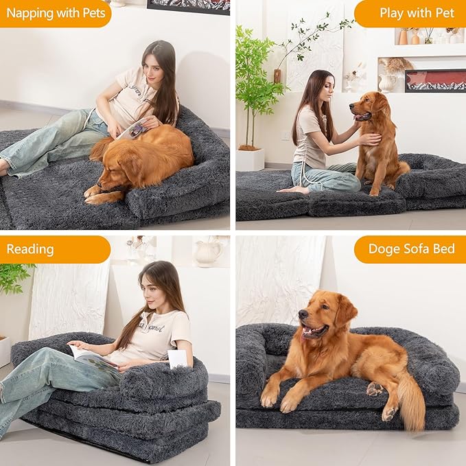 Foldable Human Dog Sofa Bed, 73x42x10 in Faux Fur Orthopedic Pet Bed with Egg Foam Mattress, Portable Dog Bed for Adults, Camping Indoor Use