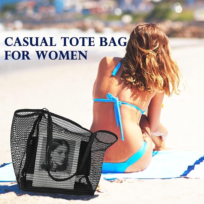 Fammart Mesh Beach Bag, Large Beach Tote with Zipper Pocket for Family Pool Bag for Toys & Vacation Essentials