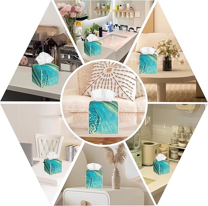 Leather Tissue Box Holder Turquoise and Gold Liquid Marble Tissue Box Cover Facial Paper Case Organizer Cube Napkin Dispenser for Bathroom Vanity Countertop Night Stand Office Car