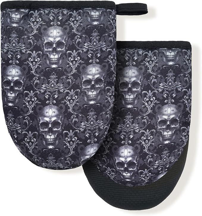 Black Gothic Skull Goth Skeleton Flower Mini Silicone Oven Mitts, Heat Slip Resistant Kitchen Gloves 2-Pack Set, Soft Short Small Oven Mittens Pot Holders for Baking Grilling Barbecue Microwave Gift