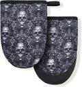 Black Gothic Skull Goth Skeleton Flower Mini Silicone Oven Mitts, Heat Slip Resistant Kitchen Gloves 2-Pack Set, Soft Short Small Oven Mittens Pot Holders for Baking Grilling Barbecue Microwave Gift