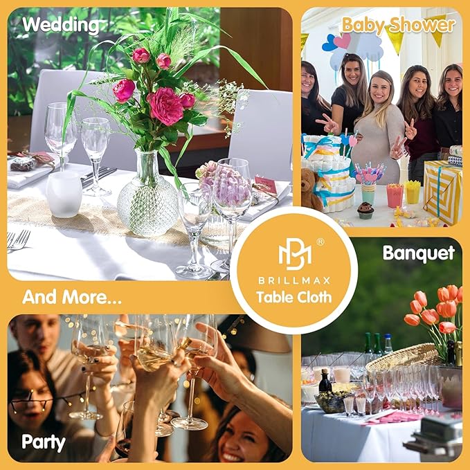 BRILLMAX 6 Pack White Tablecloths for 8 Foot Rectangle Tables 60 x 126 Inch - 8ft Rectangular Bulk Linen Polyester Fabric Washable Cloth Cover for Wedding Reception Banquet Birthday Party