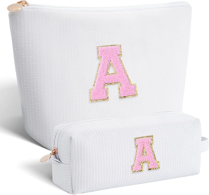 Btffitting Makeup Bag Set Initials Cosmetic Bag,Gifts for 10 11 12 13 14 15 16 17 18 Years Old Girl Girlfriend Teen Girls Gift Trendy Stuff Personalized Toiletry Bag Travel - White,A