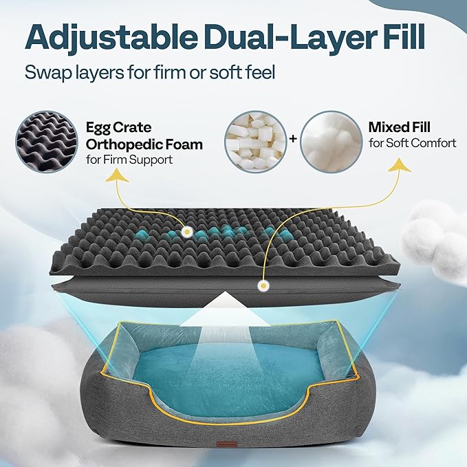 MellowMates Orthopedic Medium Sized Dog Bed with Removable Washable Cover, Waterproof & Non-Slip Base, Cat Couch Sofa, Comfortable Pet Bed with Cooling/Warming, Dual-Layer Interior Padding, 28", Grey