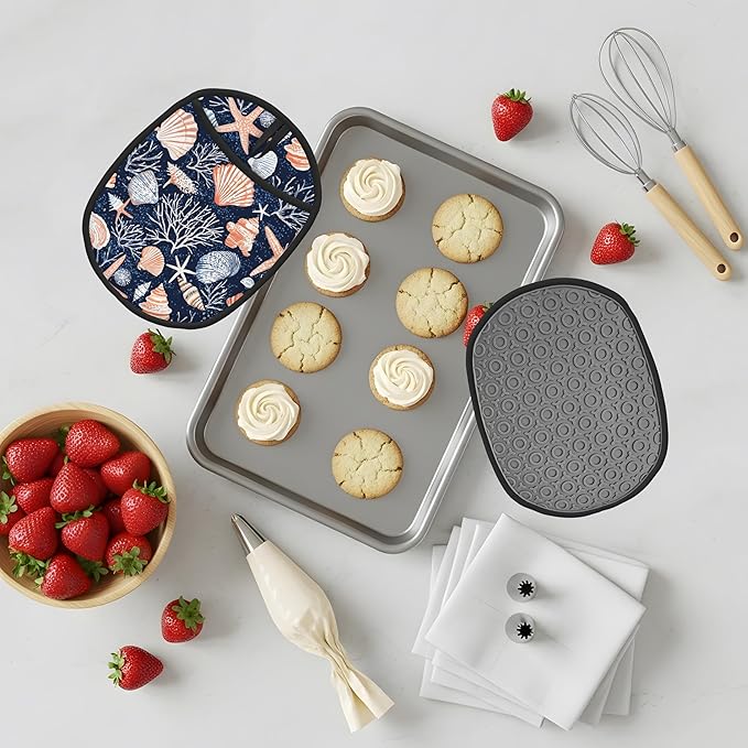Pot Holders 2 Pack Silicone, Cotton Lining, Heat Resistant to 500°F (260°C), Non-Slip Grip, 7.5"x9.4" Oval Kitchen Hot Pads for Oven, Cooking (Seashells, Potholders)