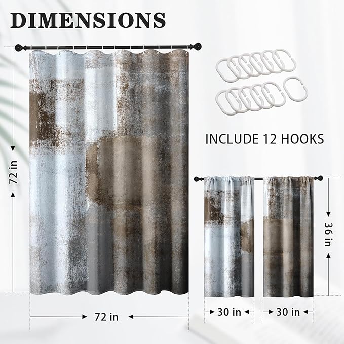 Culudea Brown Grey Painting Shower Curtain Set, Contemporary Gray Abstract Bathroom Window Waterproof Shower Curtain Set for Bathroom Decor