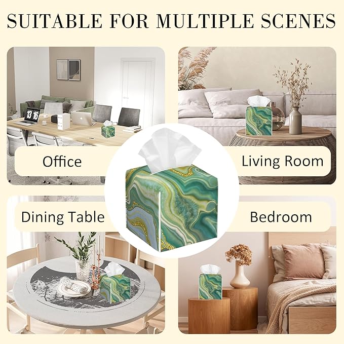 POIUBLE Leather Tissue Box Holder Green and Gold Abstract Marble Tissue Box Cover Square Waterproof Tissue Holder Organizer Modern Napkin Holder for Bedroom Dresser Night Stand Office Desk