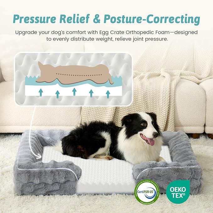 COZY KISS Orthopedic Dog Bed for Large Size Dog, Soft and Warm Faux Fur Extra Large Sofa for Pet Up to 100 lbs, Foam Bolster Anti-Slip Couch with Washable Removable Cover, XL 44x32x7 inch, Grey