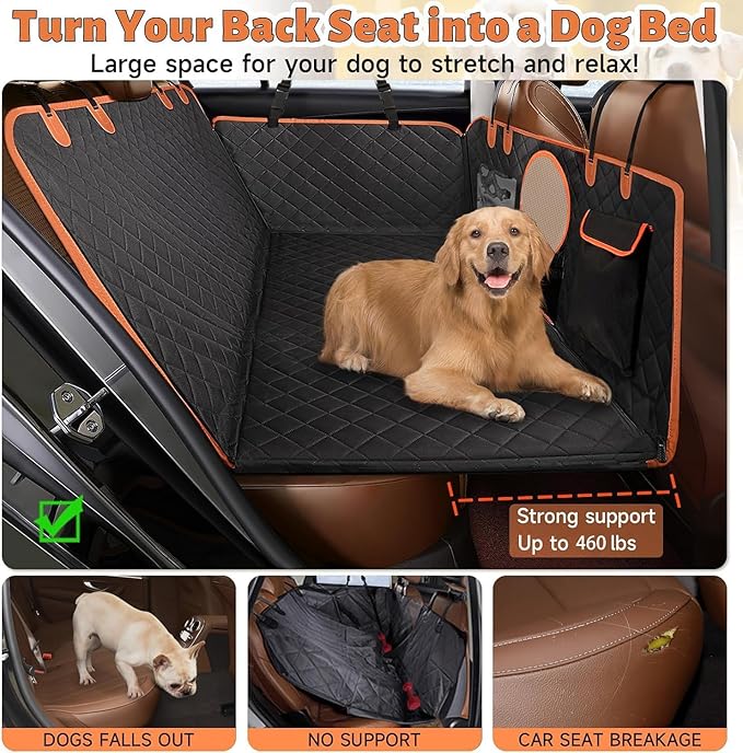 KONNAO Dog Car Seat Cover for Back Seat, Hard Bottom Back Seat Extender for Dogs, Holds 420lbs, Waterproof Pet Hammock Protector, Thick and Durable Dog Seat Cover for Truck, Car, SUV-Black