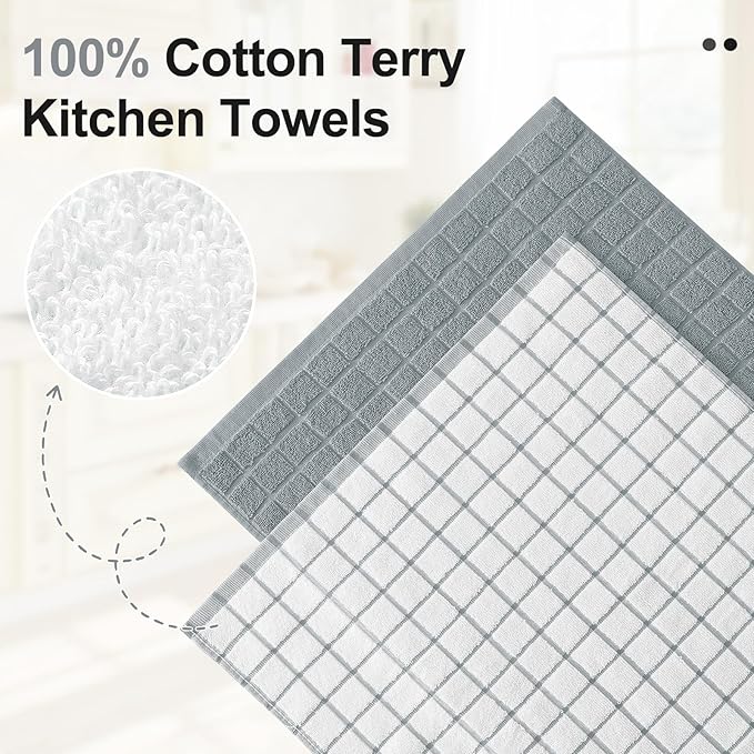 Homaxy Premium Cotton Kitchen Towels 16"x 28", Large Natural Ring Spun 390 GSM Dish Towels, Super Absorbent Terry Kitchen Hand Towels, Soft Tea Towels with Hanging Loop, Grey Check Design, 12 Pack