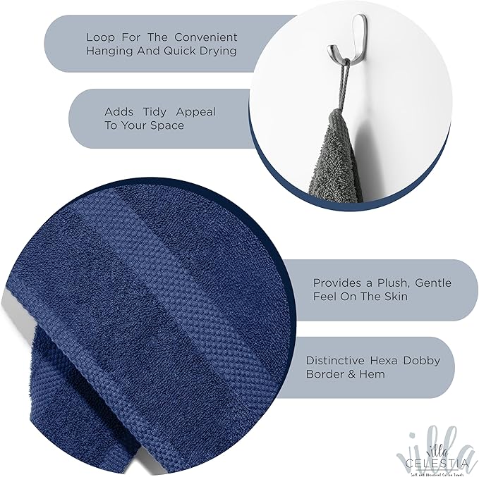 Villa Celestia 100% Cotton Hand Towel Set of 4, (16 x 28 inches) Sustainable, Soft, Highly Absorbent, Quick Drying, Combed Cotton Hand Towels Pack of 4 Ideal for Hotels, Spa, Bathroom, Dorm, Navy Blue