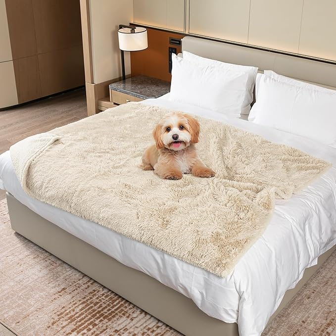Maidewow Faux Fur Waterproof Calming Dog Blanket Fluffy Sherpa Pets Blanket for Couch Covers Double-Sided Reversible Cats Bed Cover for Pet(Cream,S-40x28in)