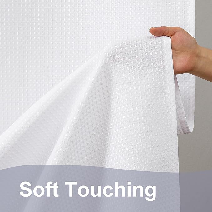 OWENIE White Waffle Weave Fabric Shower Curtain, Textured Heavy Cloth Shower Curtains for Bathroom, Water Repellent Soft Hotel Spa Luxury Elegant Bath Curtain, Machine Washable, White, 72x78 Inch