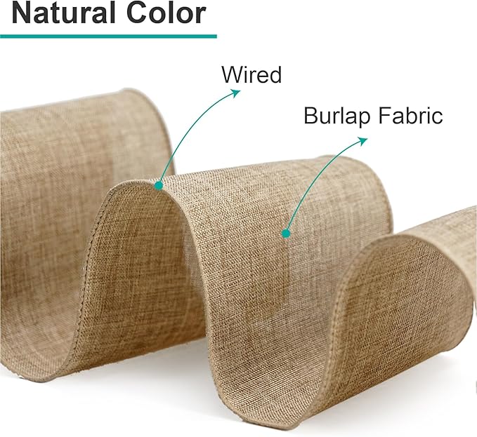 CT CRAFT LLC Burlap Fabric Wired Ribbon 4 Inch x 10 Yards Natural Color for Christmas Home Wedding Decor Gift Wrapping Tree Topper Bow Wreath Bouquet DIY Crafts
