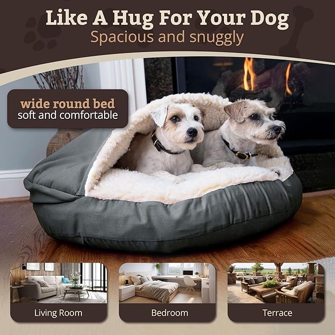 Snoozer Cozy Cave Dog Bed - Indoor Dog Bed with Cover Cave, Covered Calming Burrow for Small & Medium Sized Pets with Blanket Attached, Enclosed, Removable Washable Cover - Large, Anthracite