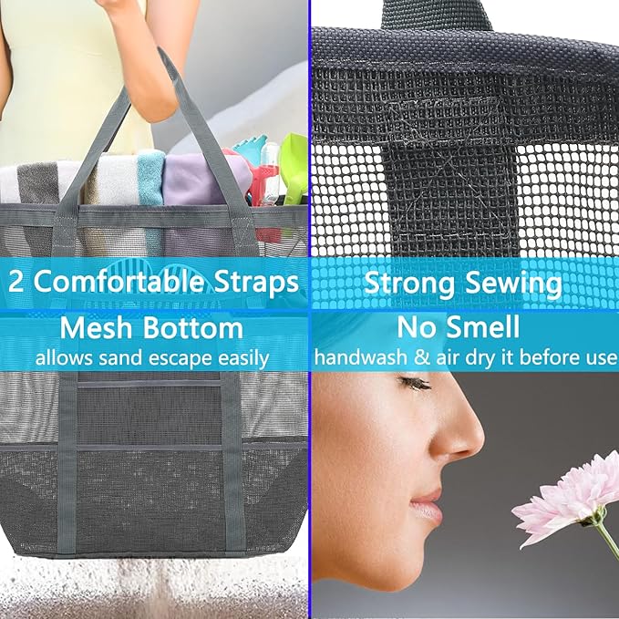 Fammart Mesh Beach Bag, Large Beach Tote with Zipper Pocket for Family Pool Bag for Toys & Vacation Essentials