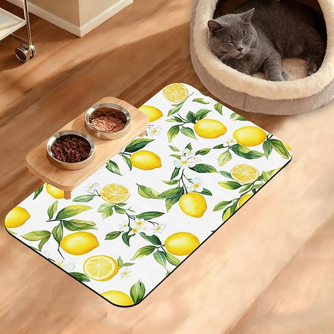 Lemon Feeding Mat,Green Leaves Absorbent Quick-Dry Cat Dog Food and Water Bowl Mats,Non-Slip Rubber Backing Mat,Cat Dog Accessories Supplies 12" x 20"
