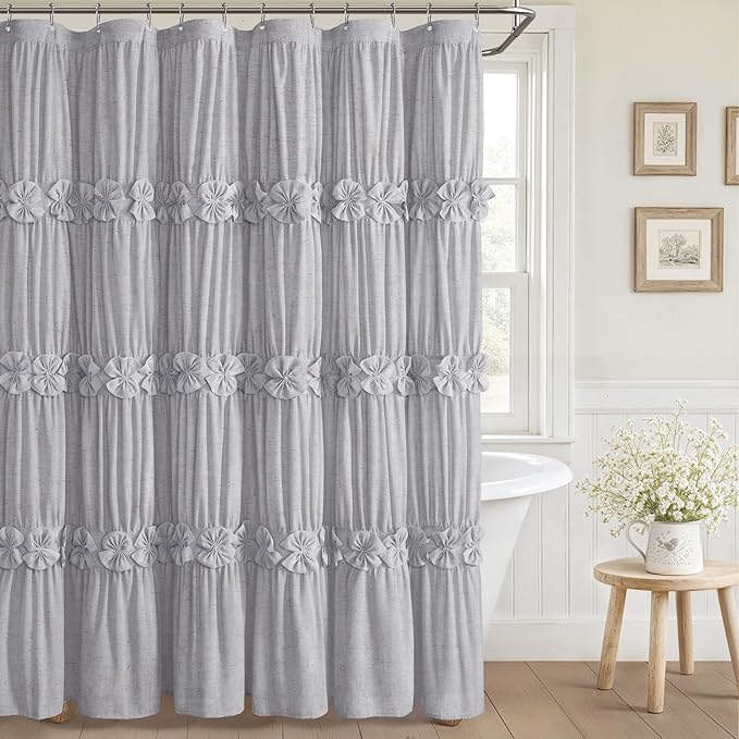 XOGUIBO Ruffle Shower Curtain with Handmade Bow Tie, Grey Linen Vintage Farmhouse Shower Curtain for Bathroom, 72" W x 72" H