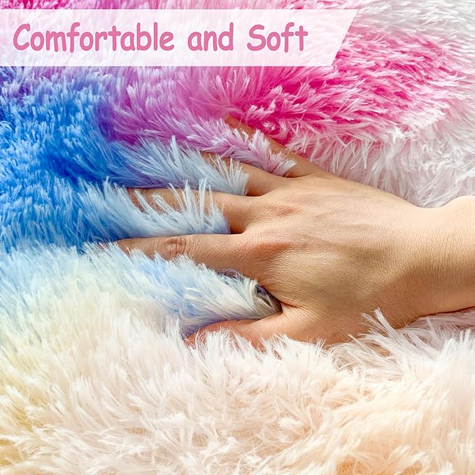 Large Hot Pink Rainbow Area Rug for Kids Room 8x10 Ft, Soft Plush Fluffy Princess Unicorn Rugs for Girls Bedroom, Cute Shaggy Colorful Carpet for Kids Teens Nursery Toddler Decor Aesthetic