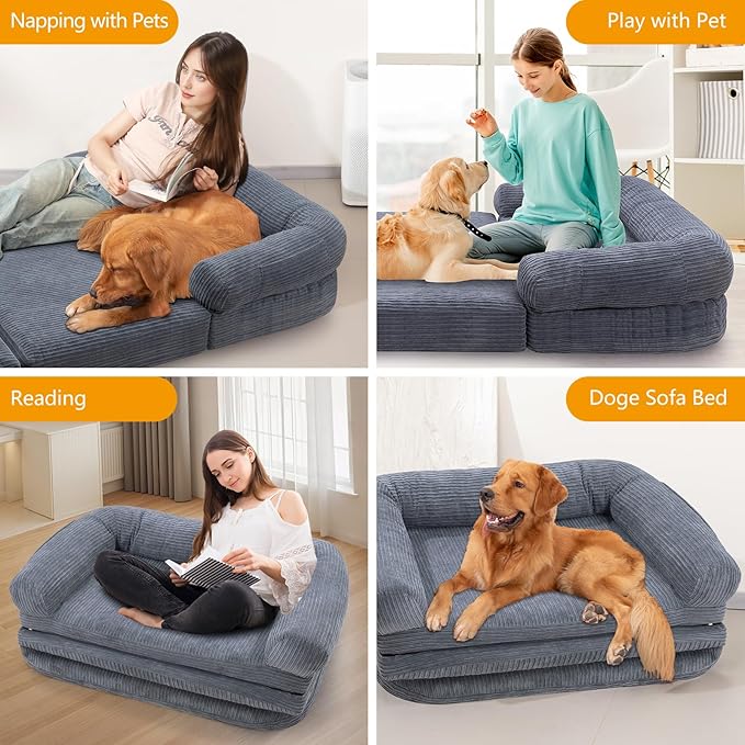 Foldable Human Dog Sofa Bed, 73x42x10 in Waterproof Corduroy Pet Bed with Egg Foam Mattress, Portable Dog Bed for Adults, Camping Indoor Use
