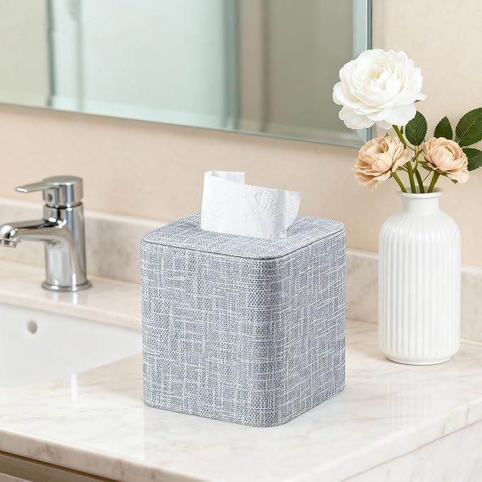 Cretkhp Square Tissue Box Cover with Magnetic Closure, Modern PU Leather Tissue Box Holder for Bathroom Vanity Countertop Night Stands Bedroom Office Desk, Stylish Cube Tissue Holder (Blue)