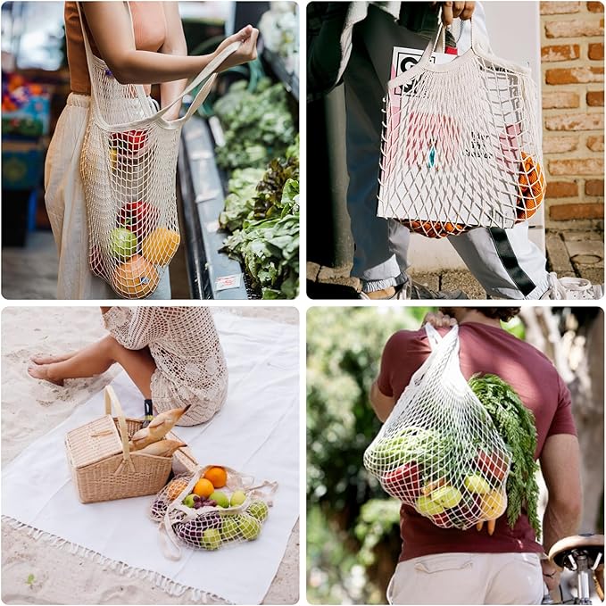 Mordx 2-Pack Reusable Mesh Grocery Bags, 100% Cotton String, Long Handle Produce Bags, Fruit & Veggie Storage