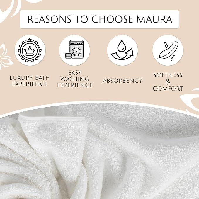 MAURA White Extra Large Turkish Cotton Luxury Bath Towels Set of 4. Ultra-Soft, Thick & Plush Towels for Bathroom - Pure White