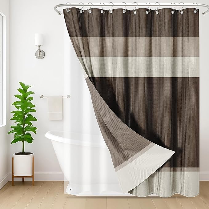 Nesphy Shower Curtain and Liner, Brown Striped 3 in 1 Shower Curtain and PEVA Liner Set with 12 Rust-Resistant Metal Hooks, Waterproof Fabric Shower Curtains for Bathroom, 72 W x 72 H