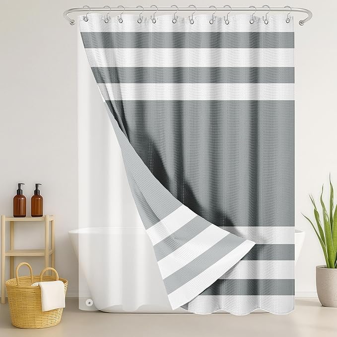 Nesphy Shower Curtain and Liner, Grey Striped 3 in 1 Shower Curtain and PEVA Liner Set with 12 Rust-Resistant Metal Hooks, Waterproof Fabric Shower Curtains for Bathroom, 72 W x 72 H