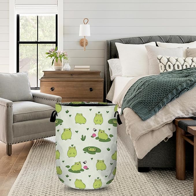 Cute Frog Laundry Basket with Sturdy Handles, Collapsible Oxford Cloth Laundry Hamper Organizer Basket for Bathroom Bedroom 15.7x20 Inch