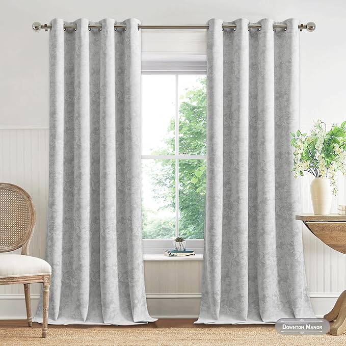 Beauoop Grey Floral Jacquard Blackout Curtains 72 Inches Long 2 Panels for Bedroom Living Room Gray Flower Chenille Room Darkening Thermal Insulated Soundproof Grommet Window Treatments Drapes, 52x72