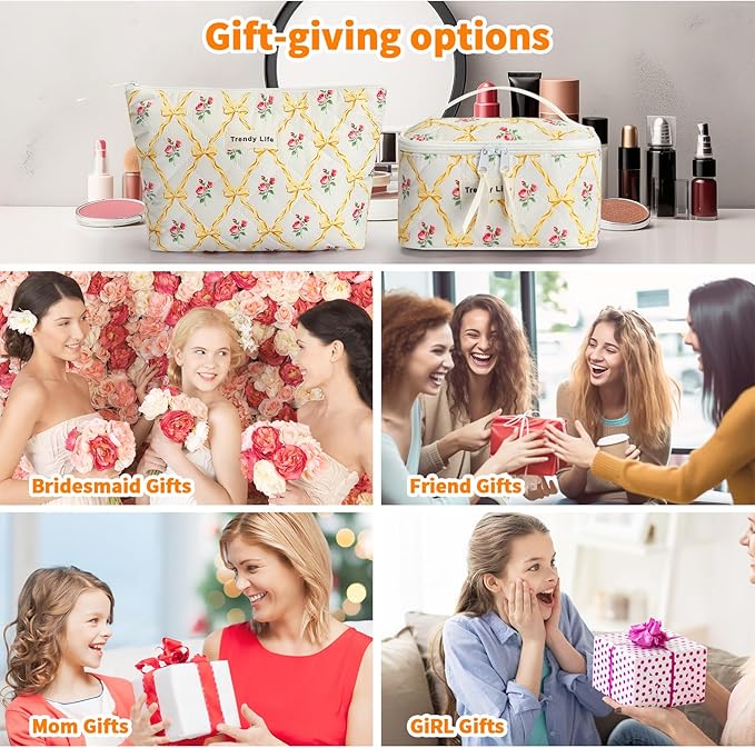 HAOGUAGUA 2 Pieces Makeup Bag, Small Large Quilted Cosmetic Bag, Travel Floral Make Up Toiletry Organizer Bag for Women Girls (2PCS STYLE B-6)