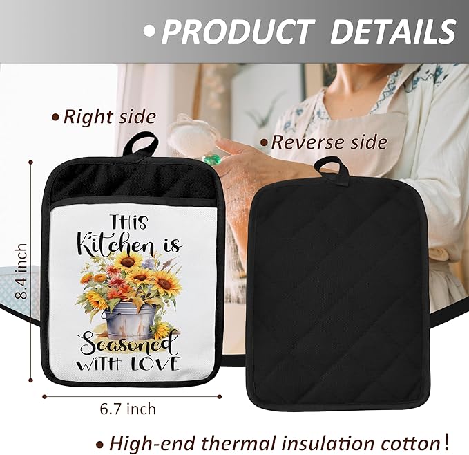 This Kitchen is Seasoned with Love Pot Holders with Pockets, Spring Floral Buckets Pot Holders Heat Resistant Oven Mitts Hot Pads for Kitchen Baking Cooking,Potholders for Kitchens