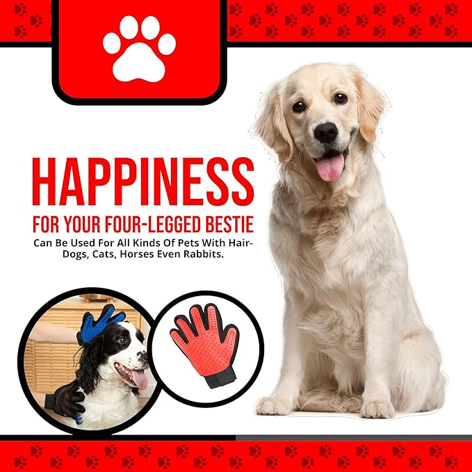 HappiTails Pet Grooming Gloves – 1 Pair – Deshedding & Bath Massage Mitts for Dogs & Cats – Choose from 5 Colors – Adjustable, Reusable & Easy to Clean (Red)