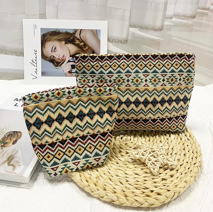 getgto 2 Pcs Makeup Bags, Large Cosmetic Bag Travel Toiletry Bag Organizer for Women, Embroidery Craft, Stripe Makeup Bag Small Cosmetic Pouch Purse with Zipper Gifts for Girls Teen