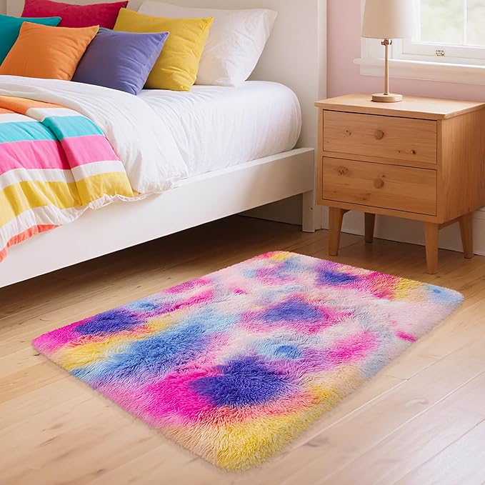 2x3 ft Small Throw Rugs Furry, Non Slip Mini Area Rug, Fluffy Tie-Dyed Rainbow Carpet,for Bedroom Door Entryway Indoor Inside Front Entrance Dog Mat, Home Decor Aesthetic, Nursery