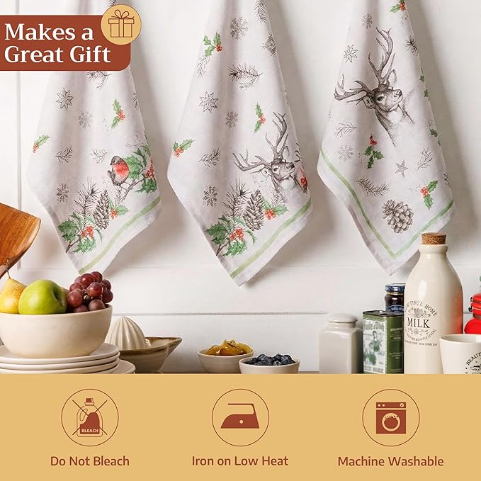 Maison d' Hermine Kitchen Towels Set of 3 100% Cotton 20" x 27.5" Reusable Cloth Tea Dish Towels Absorbent with Hanging Loop for Kitchen Dining Thanksgiving Christmas Decorations (Christmas Dew)