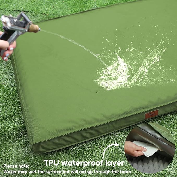 Tail Stories Outdoor Extra Large Dog Bed, Jumbo Waterproof Dog Bed for Large Dogs, Orthopedic Egg Crate Foam Pet Mat with Removable Oxford Cooling Cover, Light Green